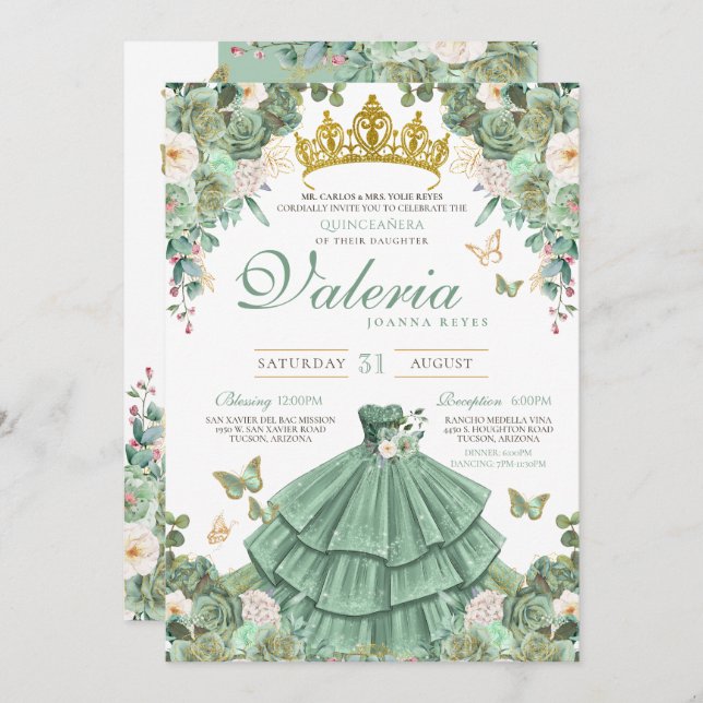 Invitación Rosa verde de la Casa de Mariposa Princesa Quincea (Anverso / Reverso)