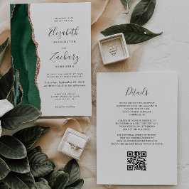 Invitación Rosa verde esmeralda Agate de oro Boda blanco QR