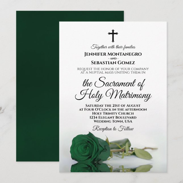 Invitación Rosa verde esmeralda elegante Boda católico modern (Anverso / Reverso)