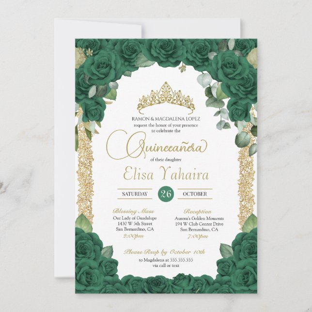 Invitación Rosa verde esmeralda Floral y quinceanera de oro (Anverso)