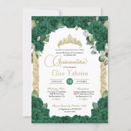 Invitación Rosa verde esmeralda Floral y quinceanera de oro
