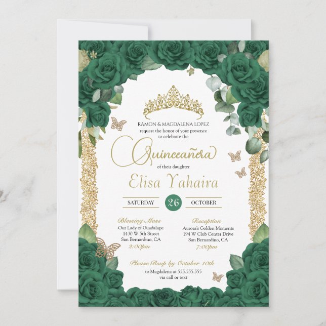 Invitación Rosa verde esmeralda mariposa y quinceañera de oro (Anverso)