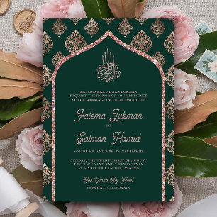 Invitación Rosa verde esmeralda oro Damask Arch Boda musulman