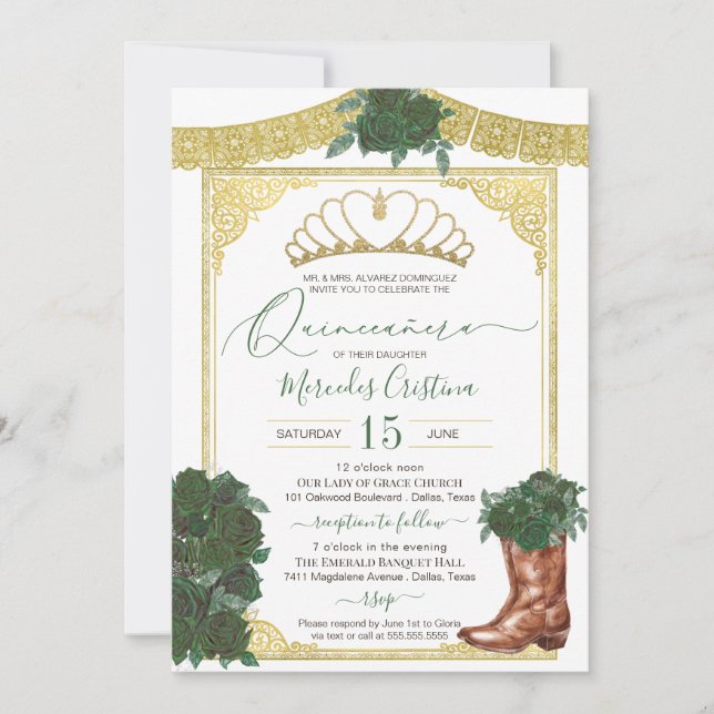 Invitación Rosa verde esmeralda oro floral Charro Quinceanera (Anverso)