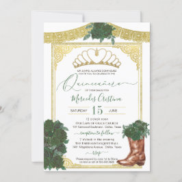 Invitación Rosa verde esmeralda oro floral Charro Quinceanera