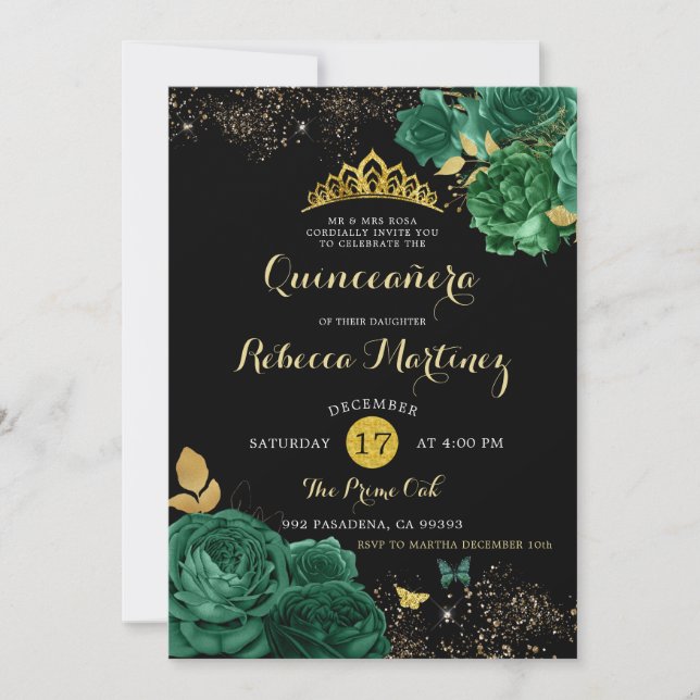 Invitación Rosa verde esmeralda y negro mis 15 años (Anverso)