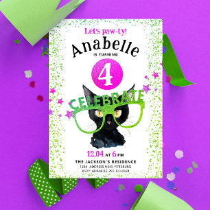 Invitación Rosa Verde Gato Negro Pata Brillo Acuarela