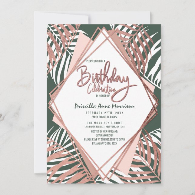 Invitación Rosa Verde Oro Árbol de Palma Tropical Sale Cumple (Anverso)