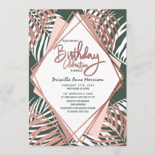 Invitación Rosa Verde Oro Árbol tropical Palm deja cumpleaños
