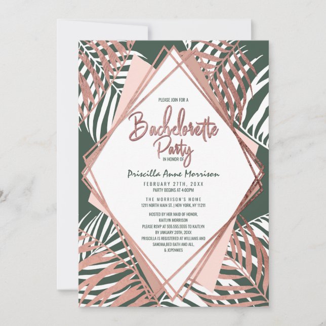 Invitación Rosa Verde Oro Palm Tropical Bachelorette (Anverso)