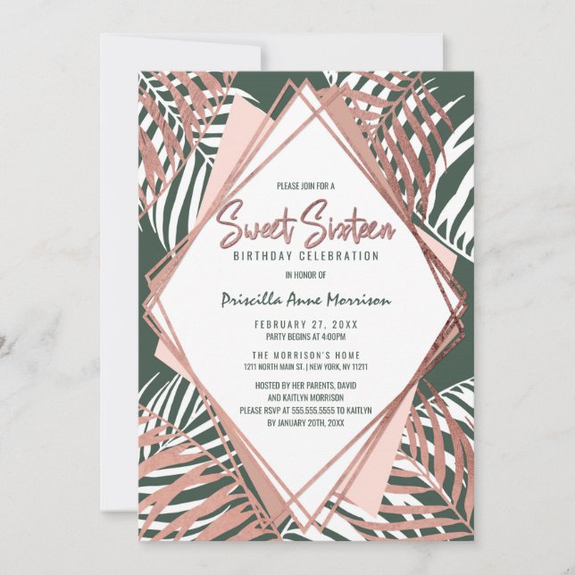 Invitación Rosa verde Oro Tropical Palm Tree deja dulce 16 (Anverso)