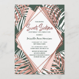 Invitación Rosa verde Oro Tropical Palm Tree deja dulce 16