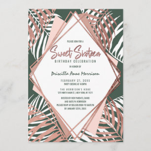 Invitación Rosa verde Oro Tropical Palm Tree deja dulce 16