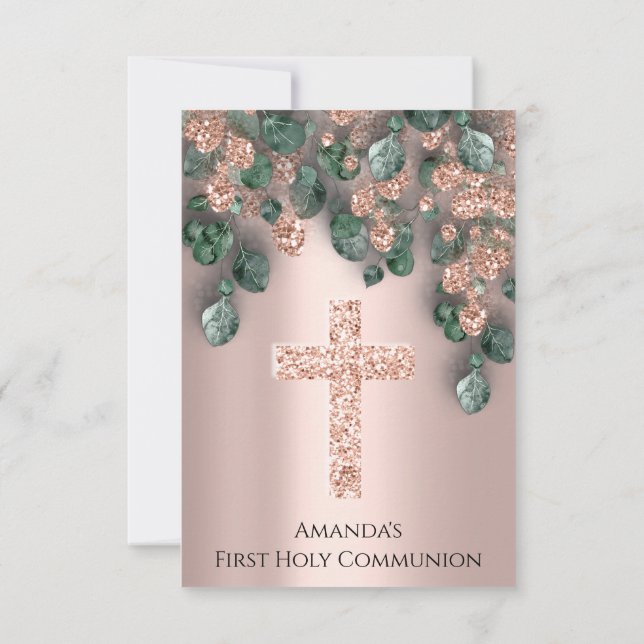 Invitación Rosa Verde Primero Santa Comunión Cruz Cristiana (Reverso)