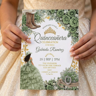 Invitación Rosa verde salvia occidental dorada Quinceañera de