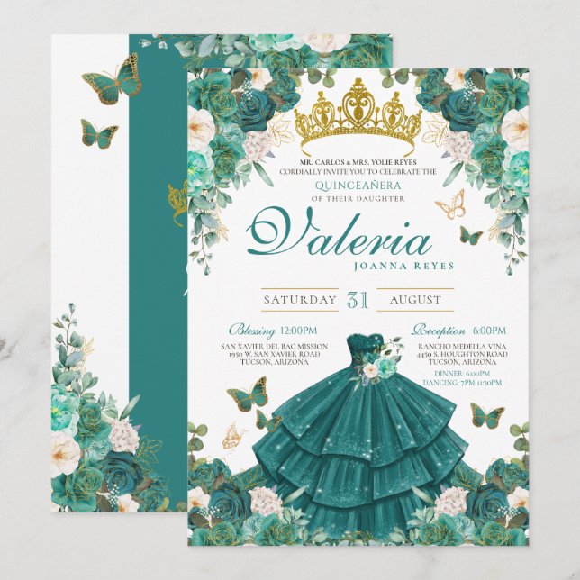 Invitación Rosa verde verde azulado Mariposa Princesa Quincea (Anverso / Reverso)