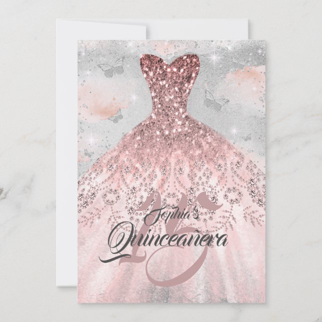Invitación Rosa Vestido de mariposa Plata Quinceanera (Reverso)