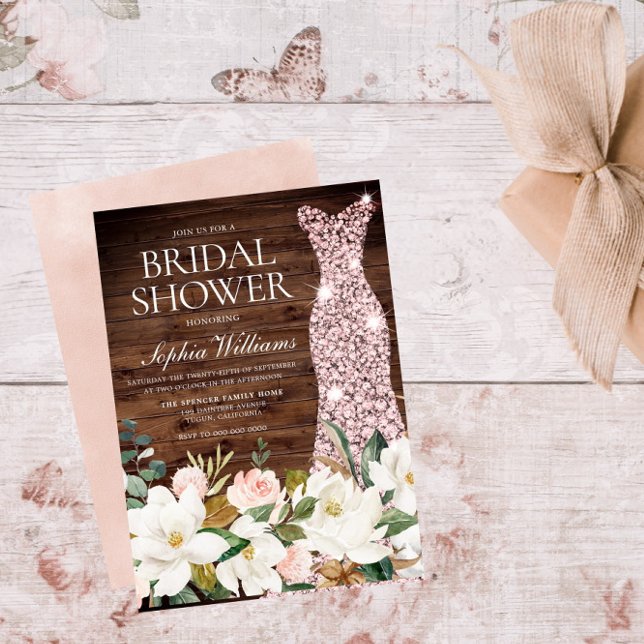 Invitación Rosa Vestido dorado Rubor Rústico Bridal Shower (Subido por el creador)