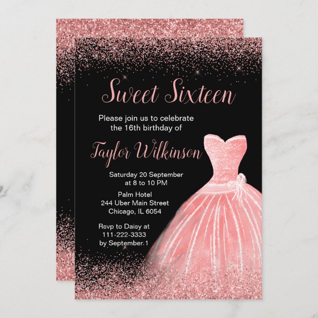 Invitación Rosa Vestido Rosa Faux Purpurina Dulce 16 Cumpleañ (Anverso / Reverso)