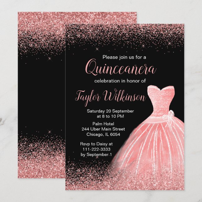 Invitación Rosa Vestido Rosa Faux Purpurina Quinceanera (Anverso / Reverso)