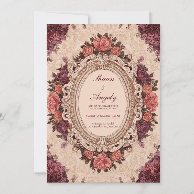 Invitación Rosa victoriano Boda de cuadros (Anverso)