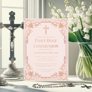 Invitación Rosa Vintage Dorado Antiguo Primera Comunión Niña