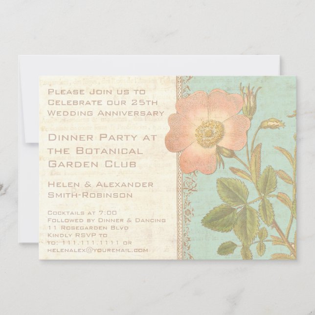 Invitación Rosa Vintage Elegante Cena del 25 Aniversario (Anverso)