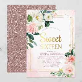 Invitación Rosa Vintage Oro Purpurina Rosa Dulce Dieciséis