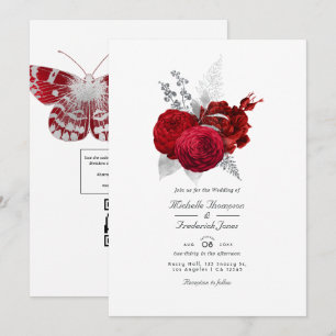 Invitación Rosa vintage roja y plateada Código QR RSVP Boda