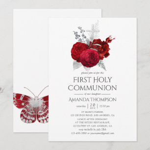 Invitación Rosa Vintage Roja y Plateada Primera Comunión