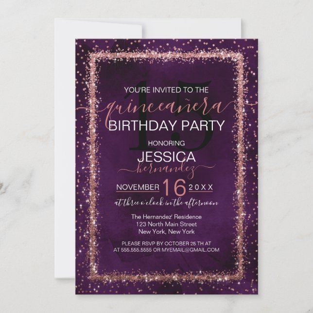 Invitación Rosa violeta de oro rociado Confetti Quinceañera (Anverso)