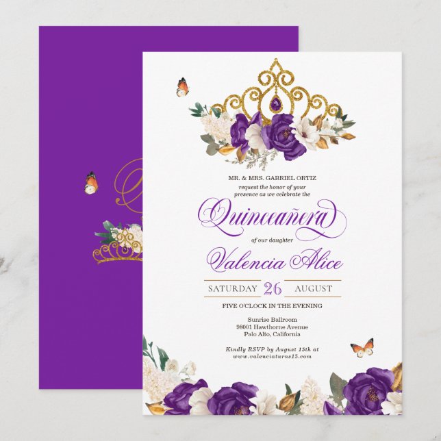 Invitación Rosa violeta morado mariposa dorada tiara quinceño (Anverso / Reverso)