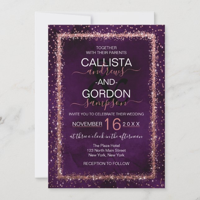 Invitación Rosa violeta oro rociado Boda de Confetti (Anverso)