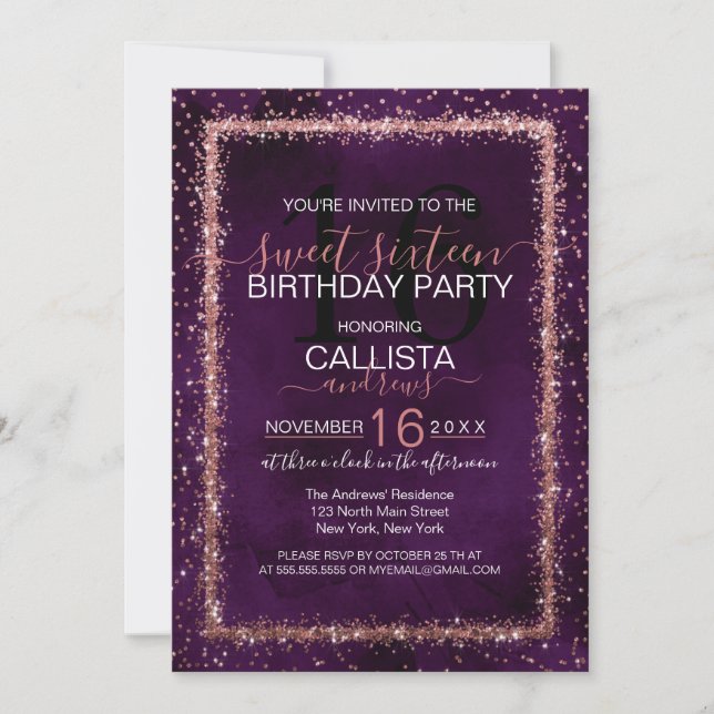 Invitación Rosa Violeta Oro Rociado Confetti Dulce 16 (Anverso)