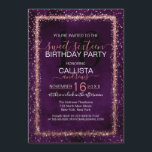 Invitación Rosa Violeta Oro Rociado Confetti Dulce 16<br><div class="desc">La elegante, glamurosa y moderna invitación a la fiesta de 16 cumpleaños es perfecta para un evento contemporáneo y elegante. Cuenta con un falso purpurina de confeti de color rosa rosa brillante, impreso en forma de imitación, sobre un fondo de color violeta violeta de color morado. La parte posterior muestra...</div>