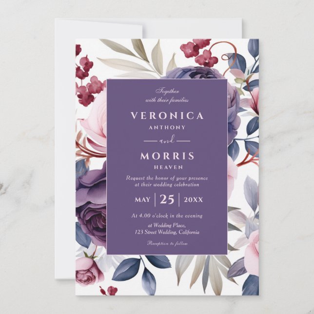 Invitación Rosa violeta y turbio boda de acuarela floral (Anverso)