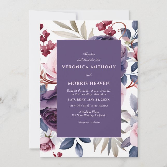 Invitación Rosa violeta y turbio boda de acuarela floral (Anverso)
