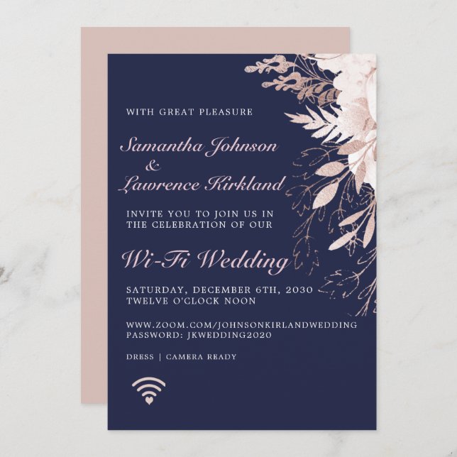 Invitación Rosa virtual  Boda azul de la Marina Floral (Anverso / Reverso)