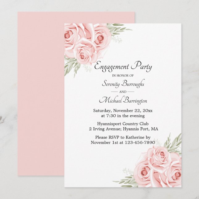 Invitación Rosa Watercolor Pink Floral Engagement Party Invi (Anverso / Reverso)