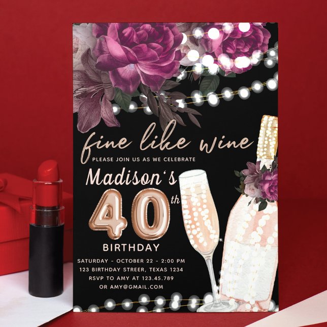 Invitación Rosa Wine Luxury 40th Birthday Invitation (Subido por el creador)