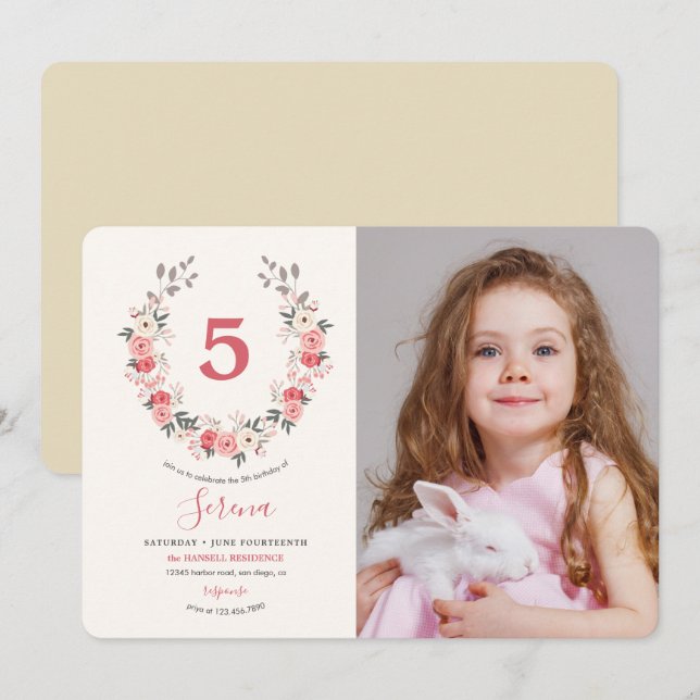 Invitación Rosa Wreath Quinto Cumpleaños (Anverso / Reverso)