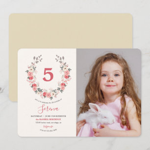 Invitación Rosa Wreath Quinto Cumpleaños