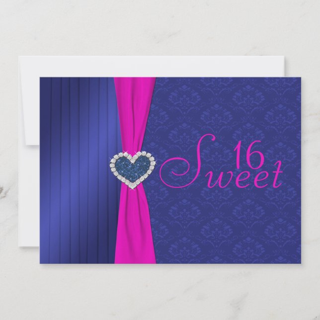 Invitación Rosa y azul con el dulce dieciséis del corazón del (Anverso)