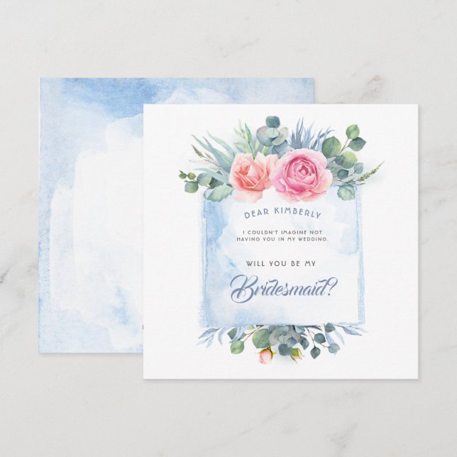 Invitación Rosa y azul turbio, serás mi dama de honor (Anverso / Reverso)