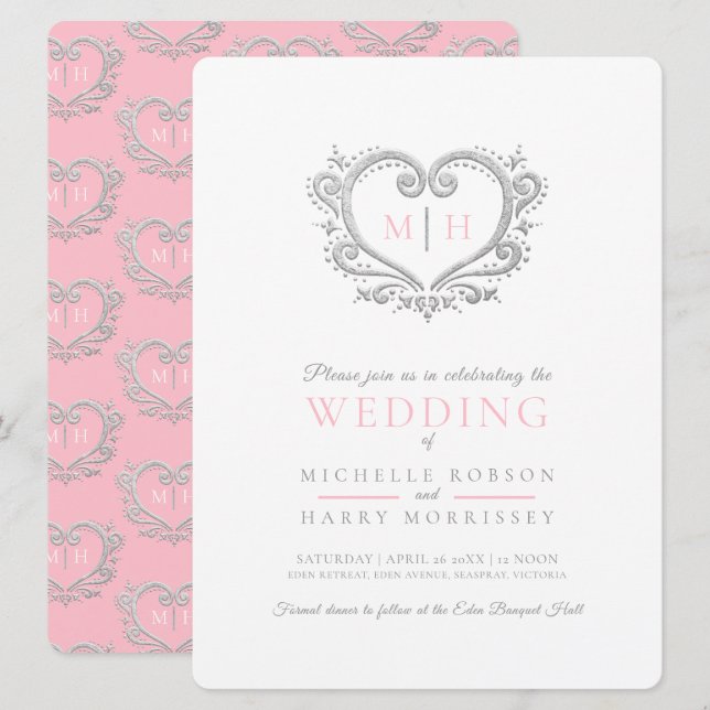 Invitación rosa y blanca boda de corazón plateado (Anverso / Reverso)