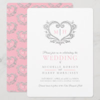 Invitación rosa y blanca boda de corazón plateado