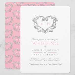 Invitación rosa y blanca boda de corazón plateado