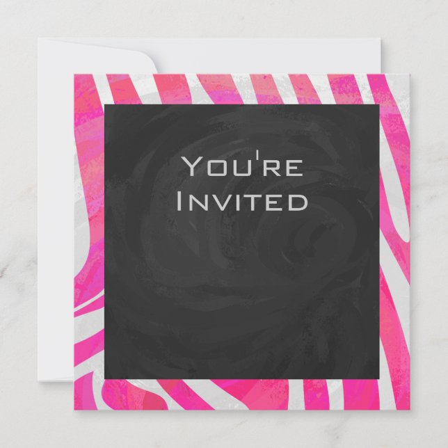 Invitación Rosa y blanco caluroso de cebra con monograma (Anverso)