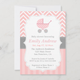 Invitación Rosa y Blanco Chevron, Cochecito, Fiesta de Bebé N