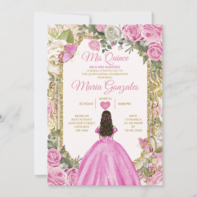Invitación Rosa y Blanco Mis Quince Anos Corona de Oro (Anverso)